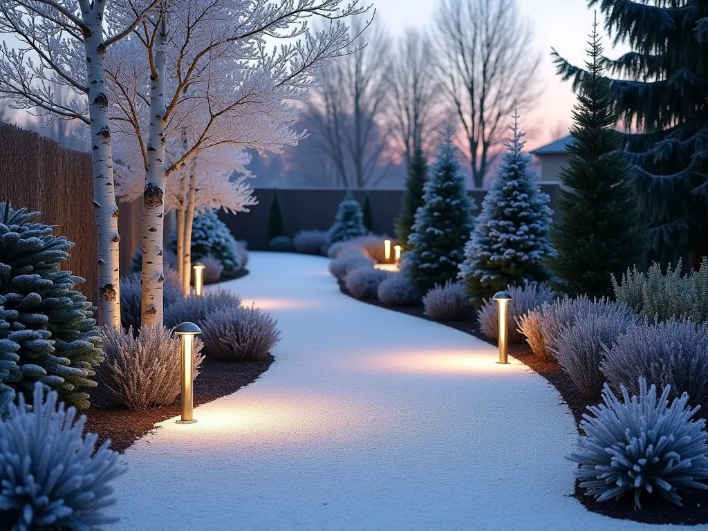 Illuminated White Winter Gravel Garden - A serene winter garden at dusk, photographed with a wide-angle lens capturing a winding path of pristine white gravel that glows softly under modern bollard lights. The path weaves between sculptural white-barked paper birch trees and evergreen topiary forms. Silver-blue spruce and dark green boxwood provide year-round structure, while ornamental grasses add movement. Ground-level LED lights illuminate the gravel from below, creating a magical, frost-like shimmer. The scene is captured with gentle depth of field, showing crystalline frost on the evergreens and the textural contrast between smooth gravel and rough bark. Shot at f/2.8 with warm twilight sky adding depth to the cool winter palette.