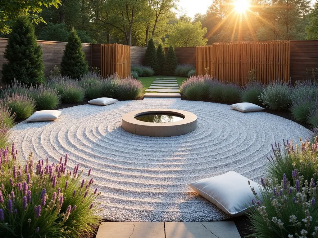 Zen Meditation Circle with White Gravel - A serene DSLR wide-angle shot of a circular meditation garden space at golden hour, featuring pristine white gravel arranged in a perfect circle. At its center stands a minimalist stone water feature surrounded by concentric rings of white pebbles creating a ripple effect. Purple lavender, silver artemisia, and swaying ornamental grasses form a soft perimeter, their shadows casting gentle patterns on the gravel. Japanese forest grass adds movement while white-flowering thyme creeps between stepping stones leading to the circle. Bamboo screens provide privacy, while strategically placed meditation cushions in natural linen rest on flat stones. The low evening sun casts long shadows across the textured gravel surface, highlighting its crystalline quality. Shot at f/8 to capture the detailed textures of the gravel and plants, with the golden light emphasizing the peaceful atmosphere.