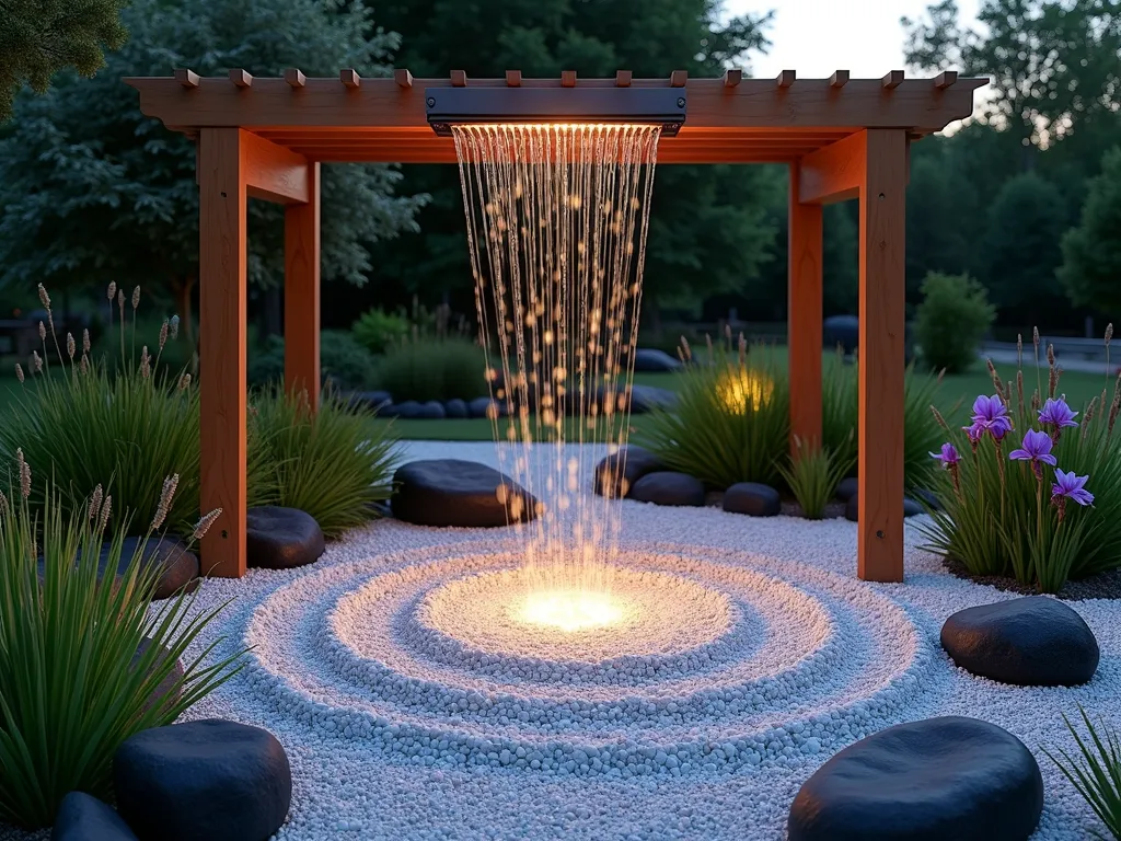 Zen Rain Chain Garden with White Gravel - A serene garden setting at dusk featuring an elegant copper rain chain descending from a wooden pergola, cascading water onto a pristine bed of white gravel. The gravel is artfully arranged in concentric circles around the rain chain's base, creating a mesmerizing pattern. Japanese forest grass and dwarf mondo grass border the gravel area, while smooth black river rocks of varying sizes are thoughtfully placed throughout. Purple-flowering water irises and miniature rushes add vertical interest. Soft landscape lighting illuminates the water droplets as they dance down the rain chain, creating a magical atmosphere. Medium-wide angle shot capturing both the full height of the rain chain and its peaceful graveled landing area.