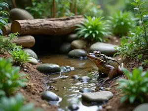 Amphibian Haven - Close-up of a carefully designed damp garden area with log piles, stones, and moisture-loving plants creating perfect amphibian habitat