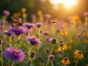 Autumn Pollinator Garden - A fall garden scene with flowering asters, sedum, and goldenrod, visited by migrating monarchs and late-season bees, golden hour lighting