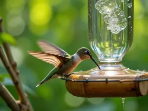 Bamboo Water Feeder - Natural bamboo pipe water feeder system, creating gentle water flow for birds to drink, surrounded by Japanese forest grass, close-up of hummingbird drinking