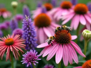 Bee-Friendly Border - Close-up view of a colorful mixed border featuring salvias, verbena bonariensis, and echinacea, with multiple bees and insects foraging among the flowers