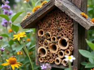 Bee Hotel Corner - Detailed view of an artistic bee hotel installation surrounded by flowering herbs and native plants. Natural wood construction with various hole sizes for different bee species.