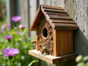 Bee Hotel Garden - Close-up of an artistic bee hotel mounted on a sunny wall, surrounded by flowering herbs and native plants, with solitary bees visiting