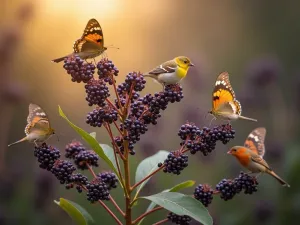 Berry Bush Haven - Close-up of native elderberry bushes laden with dark purple berries, butterflies and birds feeding, soft bokeh background, early autumn setting