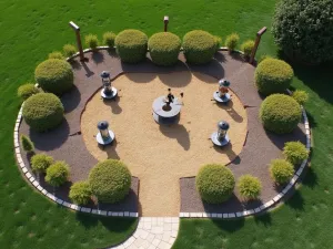 Bird Feeding Station - Aerial view of a dedicated bird feeding area with multiple feeder types, surrounded by protective shrubs and perching posts, with scattered ground feeding areas