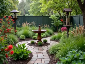 Bird Haven Garden - Wide-angle view of a diverse garden space featuring multiple bird feeders, berry-producing shrubs, and a decorative bird bath surrounded by native grasses and cardinal flowers