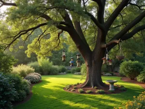 Bird Sanctuary Corner - An aerial view of a garden corner featuring multiple bird feeders hanging from a mature oak tree, surrounded by native berry bushes and a small ground-level birdbath, morning light