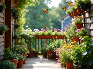 Butterfly Balcony Garden - Wide-angle view of a small balcony transformed into a butterfly garden with container plants, hanging baskets, and vertical elements. Bright, colorful flowers in tiered arrangement.