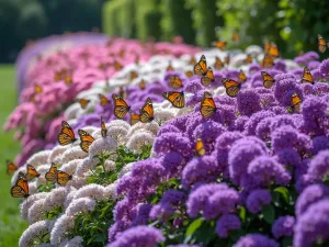 Butterfly Bush Border - A long border of mixed butterfly bushes in various colors, creating a cascade of purple, pink and white blooms, with numerous butterflies, wide perspective