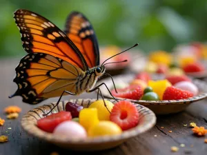 Butterfly Feeding Station - Close-up of a specialized butterfly feeding area with shallow dishes of fruit and nectar-rich flowers in vibrant colors