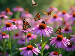 Butterfly Garden in Full Bloom - A vibrant garden bed filled with purple coneflowers, butterfly bush, and lantana in full bloom, with several monarch butterflies and bumblebees hovering over the flowers, soft natural lighting, close-up perspective