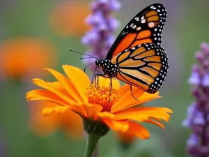 Butterfly Garden Close-up - Close-up view of a monarch butterfly landing on a bright orange butterfly weed flower, with blurred lavender and bee balm in the background, captured in soft afternoon light