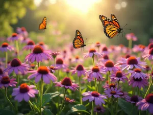 Butterfly Garden Haven - A sunlit garden filled with purple coneflowers, butterfly bush, and lantana in full bloom, with several monarch and swallowtail butterflies hovering over the flowers, photorealistic style