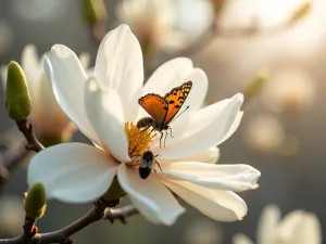 Butterfly Magnolia - Close-up of native magnolia flowers with butterflies and bees gathering nectar, soft focus background, early spring setting