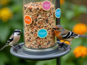 Children's Discovery Feeder - Colorful transparent bird feeder with educational labels, close-up view of different seed types and feeding birds, near butterfly garden