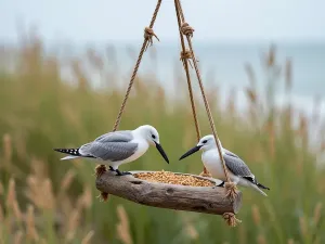 Coastal Garden Feeder - Weather-resistant rope and driftwood bird feeder, seabirds feeding, coastal grasses swaying in background, beach garden setting