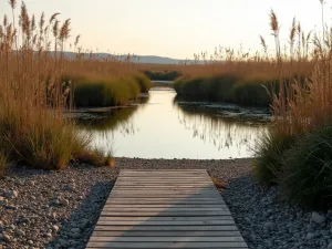 Coastal Style Pond Edge - Wildlife pond with beach-like gravel edge, maritime plants, and weathered wooden boardwalk, captured in evening light