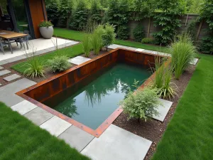 Contemporary Raised Pond - Modern raised wildlife pond with cor-ten steel edging and architectural planting, viewed from above showing geometric layout