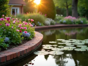 Cottage Garden Pond Edge - Close-up view of a cottage-style pond edge with overhanging flowering plants, traditional brick edging, and colorful water-loving perennials, captured during sunset