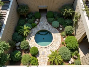 Courtyard Wildlife Haven - Aerial view of a small courtyard garden designed with wildlife in mind, featuring central water feature, native planting, and various wildlife habitats integrated into boundary walls.