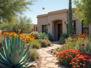 Desert Pollinator Garden - A xeriscape garden featuring flowering agave, desert marigold, and penstemon, with native bees and hummingbirds, showing adaptation to arid conditions