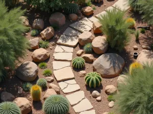 Desert Wildlife Garden - Aerial view of a xeriscape garden designed for wildlife, featuring native cacti, succulents, and rock formations with lizard basking spots