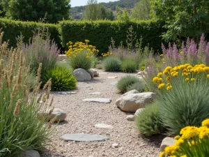 Drought-Resistant Wildlife Garden - Wide shot of a gravel garden designed for wildlife, featuring drought-resistant plants like verbascum and sedum, with scattered rocks providing shelter for insects