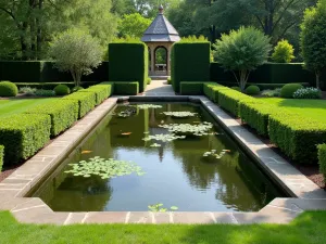 Formal Wildlife Pond - Symmetrical wildlife pond with formal stone edging, clipped box hedging, and organized marginal planting, photographed from an elevated position