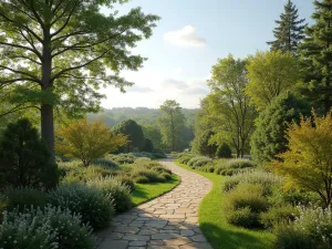 Four-Season Native Border - Wide view showing native trees and shrubs selected for four-season interest, multiple wildlife species visible, garden path perspective