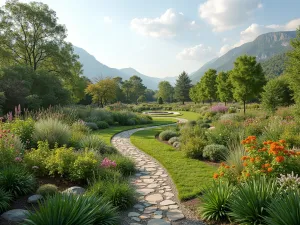 Four-Season Wildlife Garden - Wide panoramic view showing a garden designed to support wildlife year-round, with distinct areas for each season's needs