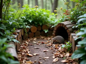 Hedgehog Haven - Wide-angle view of a small garden corner designed for hedgehogs, featuring log piles, dense ground cover, and a custom hedgehog house. Natural leaf litter scattered around, with native ferns and woodland flowers creating a wild atmosphere.