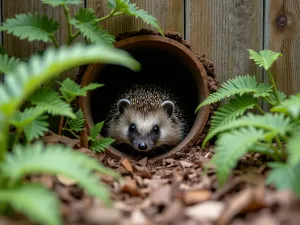 Hedgehog Highway - Close-up of a rustic garden fence with a specifically designed hedgehog hole, surrounded by ferns and woodland plants, with leaf litter creating natural coverage