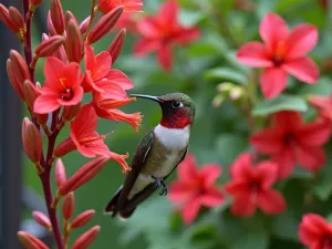 Hummingbird Paradise - A collection of red cardinal flowers, salvias, and trumpet honeysuckle climbing an ornamental trellis, with a ruby-throated hummingbird feeding, close-up shot