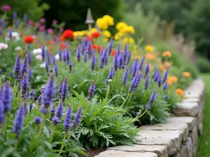 Insect-Friendly Border - Close-up perspective of a narrow border packed with insect-attracting flowers in purple, blue, and yellow hues. Natural stone edging and bug hotels integrated among plants.