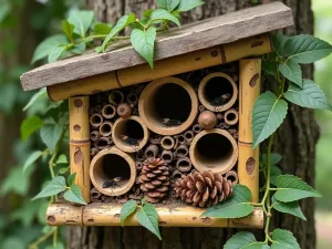 Insect Hotel Display - Detailed view of an artistically designed insect hotel made from natural materials, featuring bamboo tubes, drilled wood blocks, and pine cones, with climbing ivy surrounding it