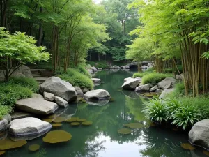 Japanese Style Pond Edge - Zen-inspired wildlife pond edge with bamboo water features, carefully placed rocks, and traditional Japanese planting