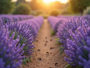 Lavender Bee Haven - A winding pathway through rows of blooming lavender plants, with honey bees collecting nectar, golden hour lighting, wide angle view showing the scale of the garden