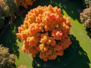 Maple Canopy Aerial - Aerial view of a native sugar maple's spreading canopy in autumn colors, showing integration with surrounding wildlife garden, shadows creating interesting patterns