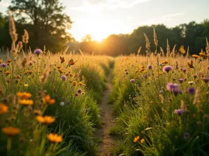 Meadow Garden Dream - Wide-angle shot of a wildflower meadow garden with meandering mown paths, featuring native grasses, wildflowers, and butterflies in golden afternoon light