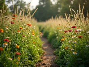 Meadow Garden Path - A winding mown path through a wildflower meadow garden, filled with yarrow, ox-eye daisies, and native grasses, captured from a low angle with morning dew