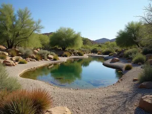 Mediterranean Style Pond Edge - Wide angle view of a gravel-edged wildlife pond with Mediterranean-style planting, featuring drought-tolerant plants and natural rock formations