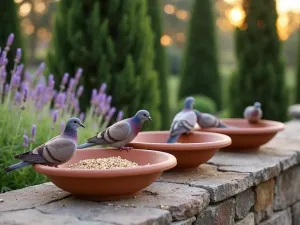 Mediterranean Terrace Feeders - Terra cotta bowl feeders on stone wall, doves feeding, backdrop of Italian cypress and lavender, warm evening light