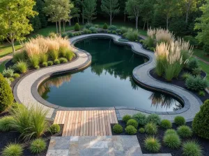 Modern Wildlife Pond Design - Aerial view of a contemporary wildlife pond with clean lines, dark granite edging, and minimalist planting scheme, featuring ornamental grasses and geometric wooden walkway