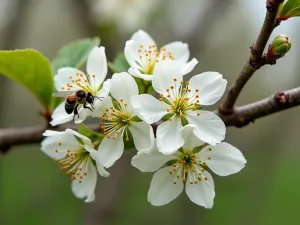 Native Crabapple Scene - Native crabapple tree full of spring blossoms with pollinators, transitioning to small fruits, birds feeding