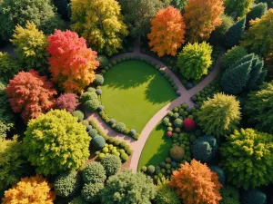 Native Garden Aerial - Drone view of a wildlife garden showing the integration of native trees and shrubs creating various habitat zones, autumn colors