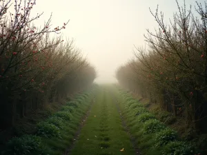 Native Hedgerow Diversity - Wide angle view of a mixed native hedgerow featuring hawthorn, blackthorn, and holly, creating a natural boundary with various wildlife visible, morning mist