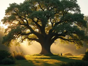 Native Oak Morning Light - A majestic native oak tree in a wildlife garden, photographed during golden morning light, with dappled sunlight filtering through the branches, birds nesting in its crown, photorealistic style