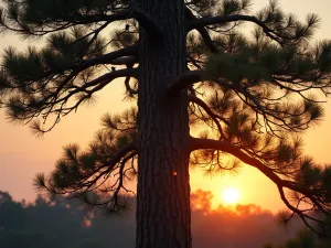 Native Pine Habitat - Towering native pine tree with wildlife visible in its branches, including squirrels and woodpeckers, dramatic sunset lighting